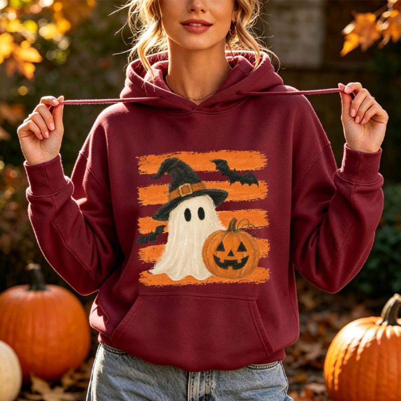Cute Ghost Witch Hat Pumpkin Bat Hooded Top Women Spooky Season Preppy Style Autumn Pullover for Halloween Night Event Clothing