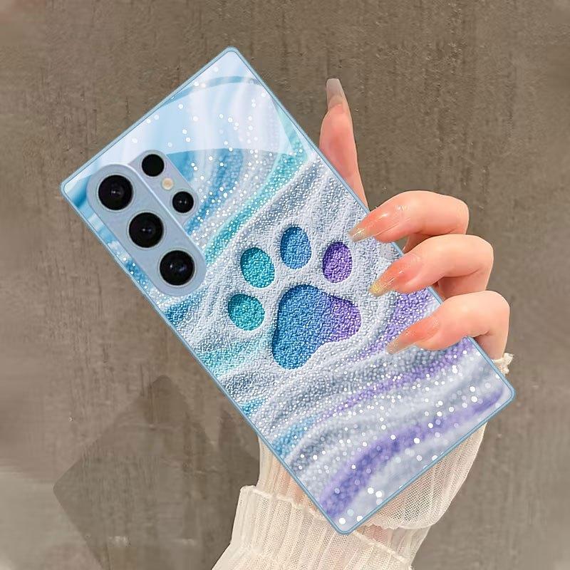 Pastel Glitter Cat Paw Fashion Phone Cases Carcasa Glass Phone Case Fundas for Samsung Galaxy S26 S25 S24 S23 S22 FE Ultra Plus
