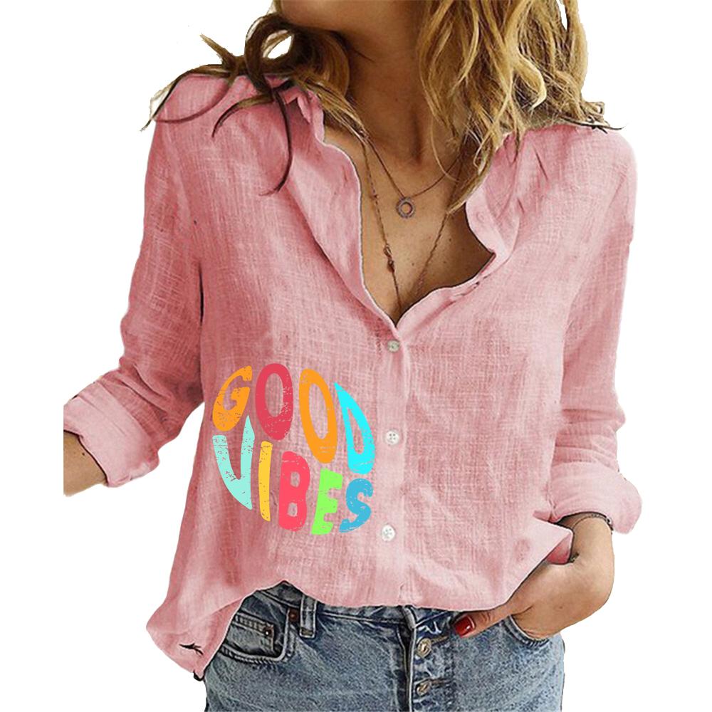 Women Fashion Cotton Linen Shirt Floral Print Long Sleeve Top Ladies Casual Stand-neck Buttoned Blouse