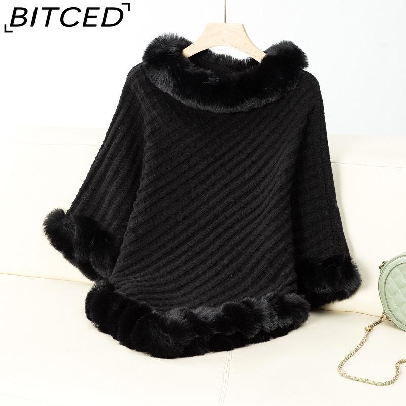 

BITCED Solid Colour Wool-Trimmed Pullover for Women Autumn/Winter Thick Vintage Check Knitted Cape Shawl One size чёрный