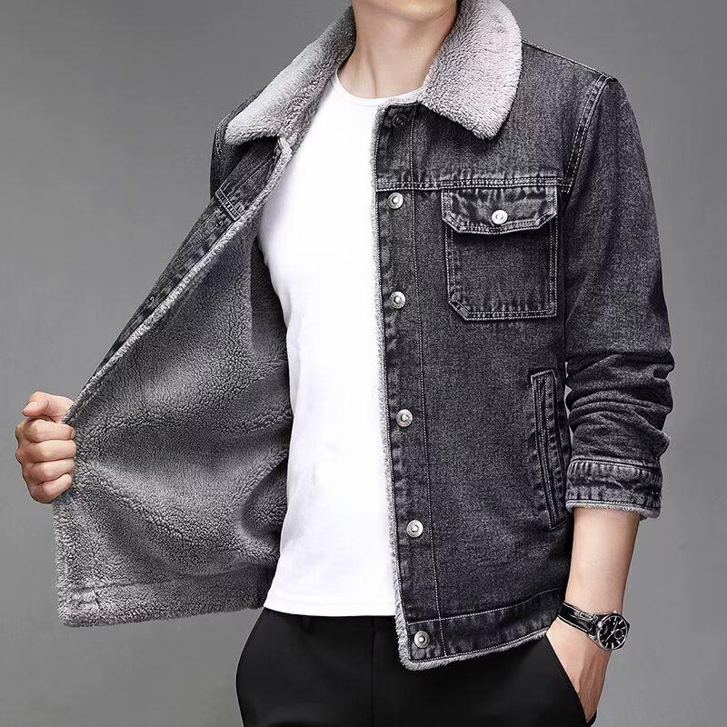 Black & Gray Men's Slim Lapel Denim Jacket with Velvet Lamb Plush, 2024 Korean-Style Winter Edition