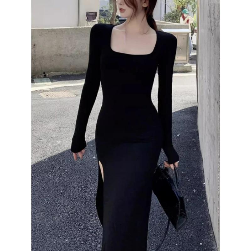 Sexy Side Slit Dress for Women Tight-fitting Wrap Hip Over-the-knee Long Sleeved Dresses Black Street Bodycon Spring Autumn