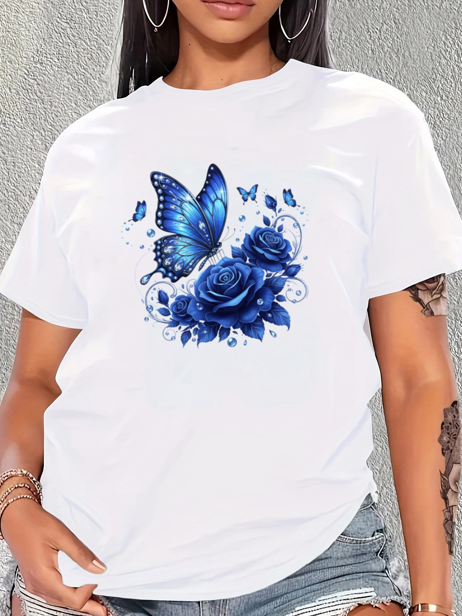 

Женская футболка Артистичная мистическая синяя цветочная футболка, Повседневная мода с круглым вырезом, Удобная свободная одежда S белый