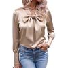 2025 Autumn Bow Satin Long Sleeve Women's Casual Solid Shirt