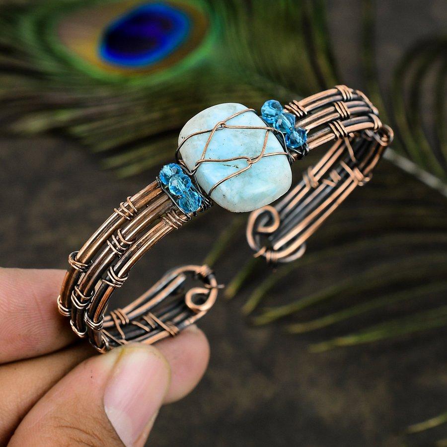 Natural Caribbean Larimar Gemstone Copper Wire Wrap Cuff Bangle Adjustable l9i21
