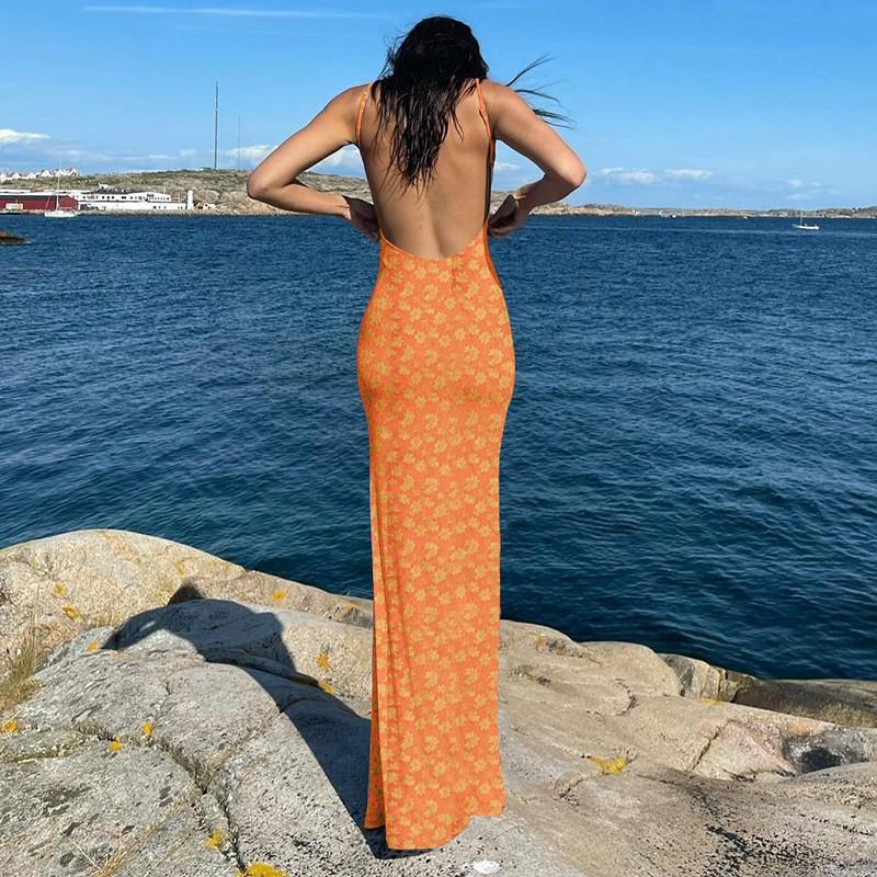 Spring/Summer Fashion Women's Clothing New Sexy Slim Fit Spaghetti Strap Printed Backless Dress