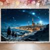 Merry Christmas Tapestry - Festive Castle Desert and Camel Patterns Starry Night View Blue Accents Polyester Material