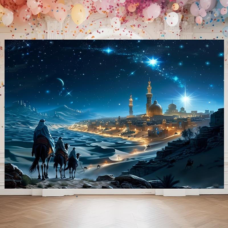 Merry Christmas Tapestry - Festive Castle Desert and Camel Patterns Starry Night View Blue Accents Polyester Material