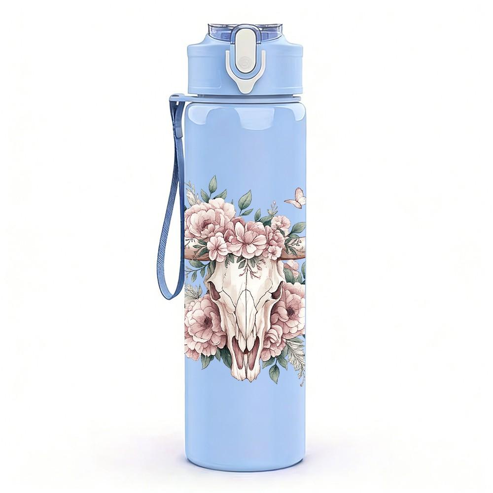 1PC Cow Skull Rose Western Floral Print 750ml Color Plastic Sports Water Bottle Leakproof Flip Straw Lid Suitable for Sports Office Home Use