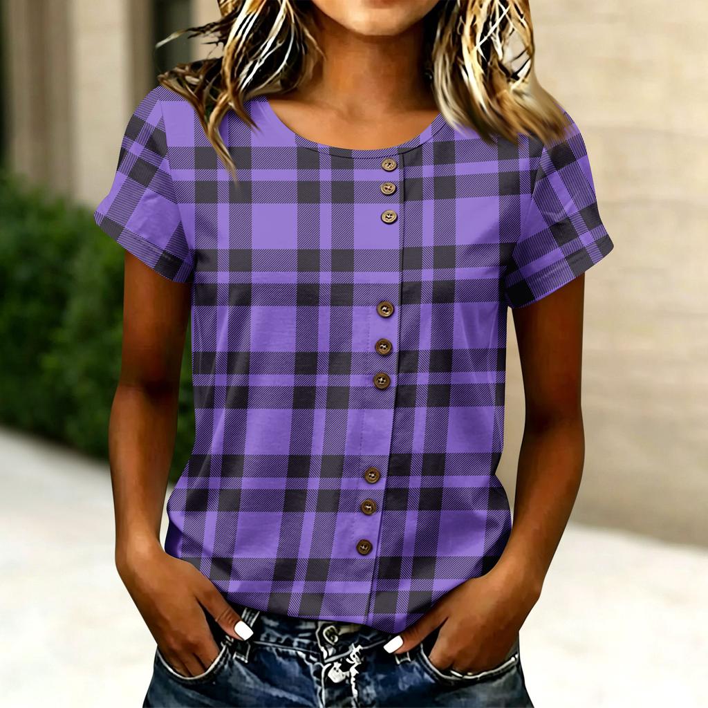 Women’s Casual Crew Neck Plaid Print T Shirt Short Sleeve Button Front Relaxed Fit Top for Daily Wear Office Travel