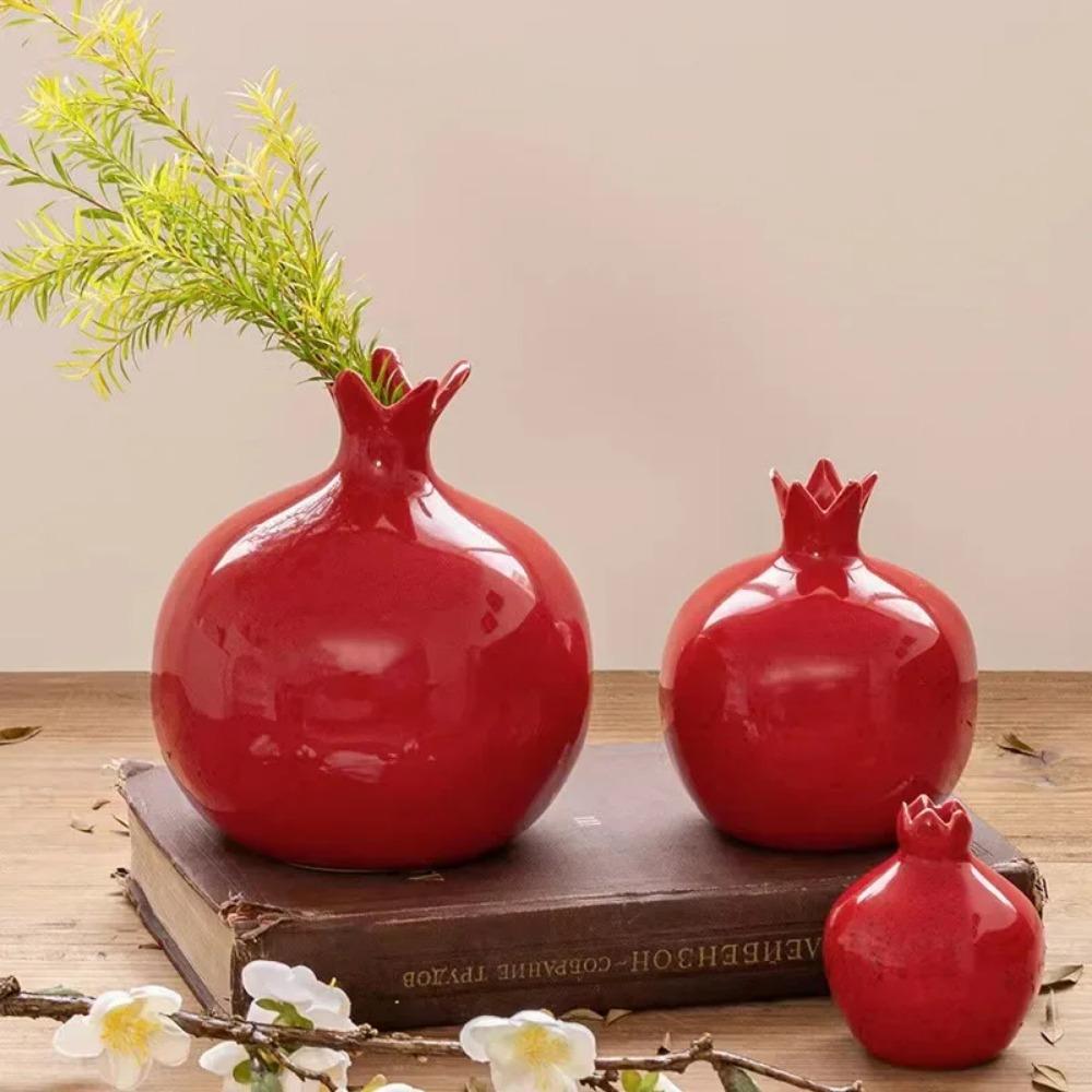 Handmade Ceramic Red Pomegranate Vase Flower Arranger Pomegranate Fruit Ornament Set Chinese Home Decor
