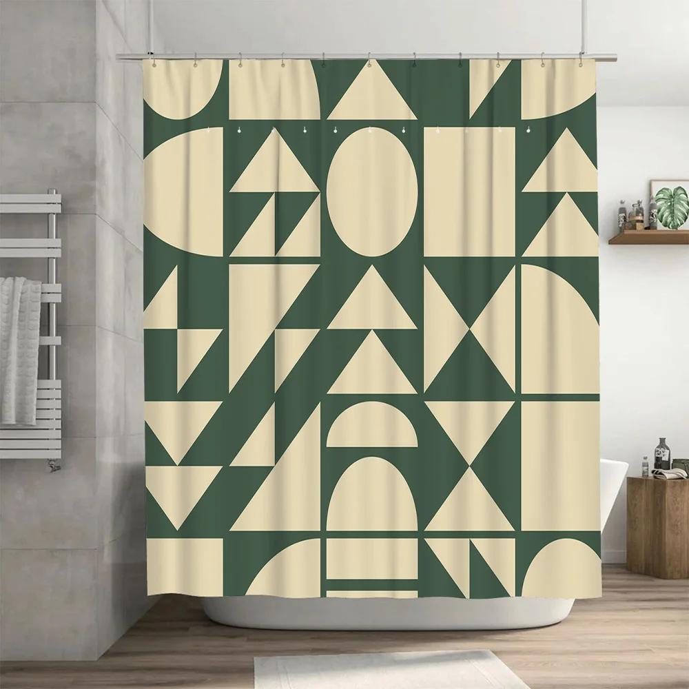 Modern Geometric Shapes Rectangular Shower Curtain for Bathroom Decor Green Cream Abstract Design In Various Sizes