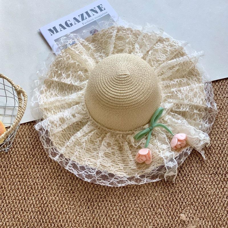 Flower Bow Lace Edge Straw Hat Women's Summer Seaside Beach Vacation Big Brim Sunshade Sunscreen Sunshade