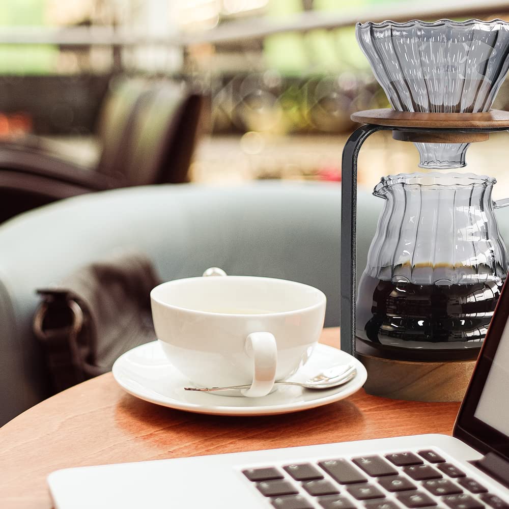 SOTECH Pour Over Dripper Stand with Coffee Filter, Wooden Filter Holder, Glass Server, and Paper Coffee Filters (Ripper Set)