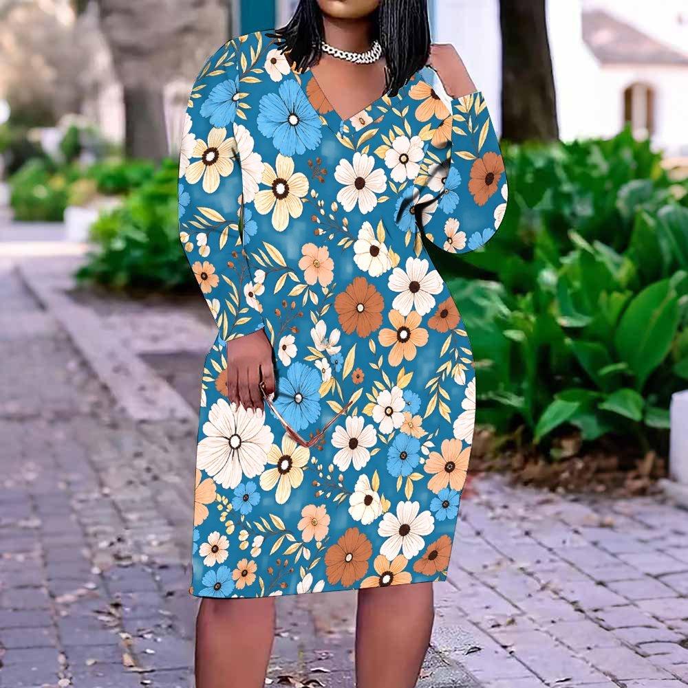 Women Plus Size Dark Green V Neck Long Sleeve Sunflower Printed Fitted Straight Dress