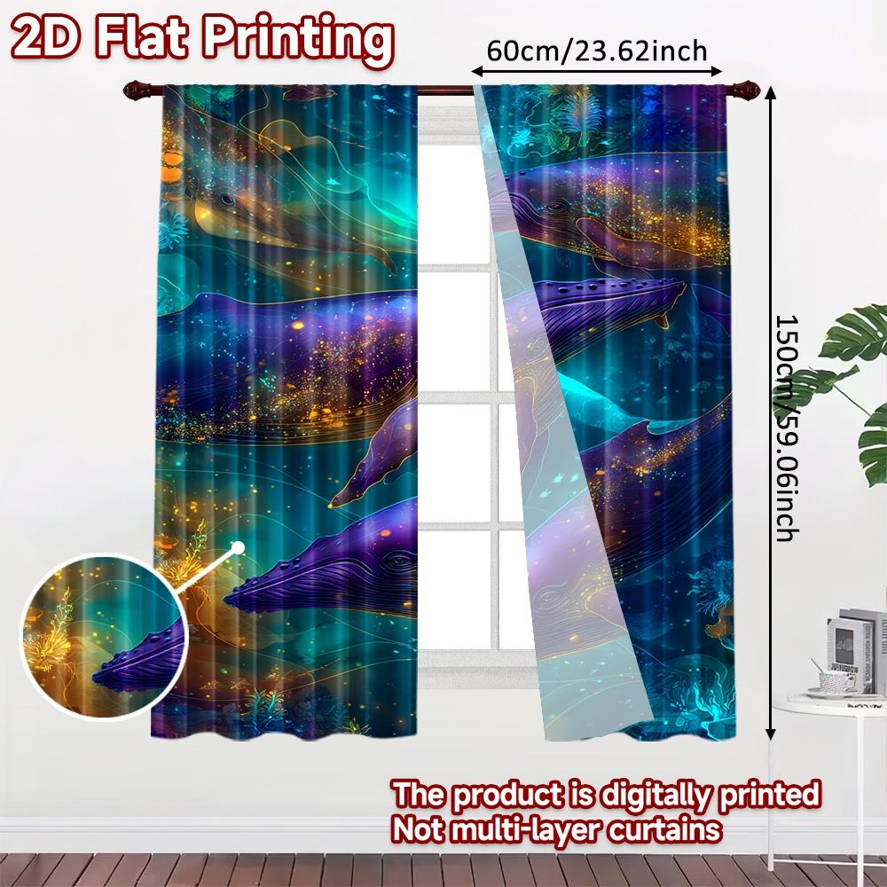 Set Of 2 Flat Printing Curtains Without Rod Galactic Whales Ocean Ramadan Festival Fashion Versatile Polyester Curtain