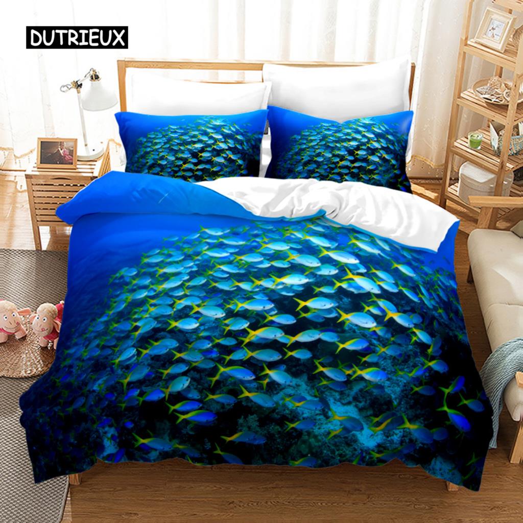 Ocean Duvet Cover Set Polyester Underwater World Clownfish Shark Quilt Cover Sea Animal Theme Double Queen King Size Bedding Set