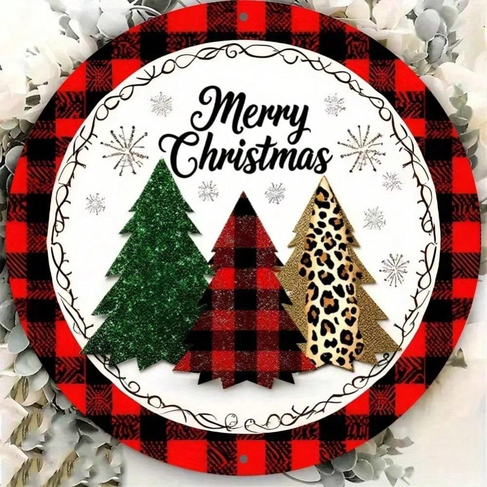 Aluminium Christmas 8 Inch Round Wreath Wall Decor, Red Black Plaid Leopard Pattern Metal Sign for Holiday Home Decoration