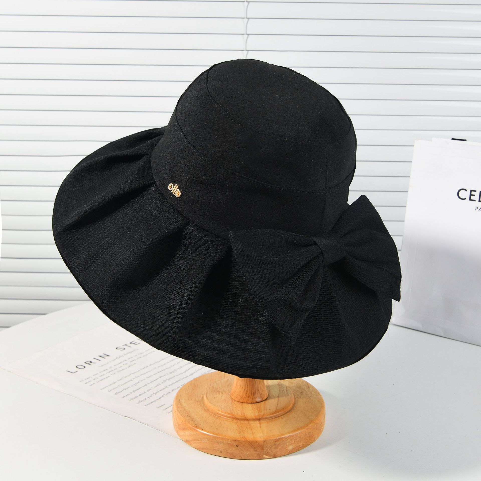 

New mesh bow bucket hat summer idyllic versatile sunshade basin hat outdoor vacation beach hat M（56-58cm） чорний