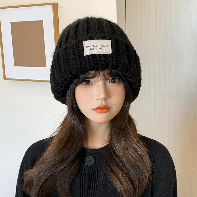 Big Head Circumference Knitted Hat for Women In Winter Korean Style All Match Big Head Thick Thread Pullover Hat for Women Showing Face Small Cold Hat