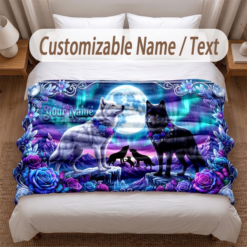 Wolf Theme Soft Blanket Personalized Custom Name Text Print Warm Blanket Home Sofa Bedroom Decor