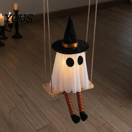 Decorative Gauze Ghost Set Halloween Hanging Swinging Decoration, Spooky Light Up Swing Scene Props with Witch Hat for Outdoor Yard,