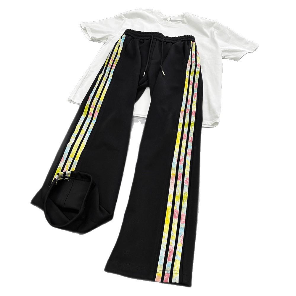 American retro color flower three-bar pants men's autumn heavy drape sweatpants straight sports casual pants