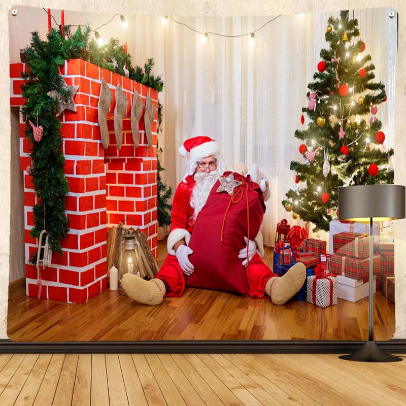 Merry Christmas Santa Claus Fireplace Print Pattern Tapestry Home Living Room Bedroom Decoration Background Cloth Tapestry