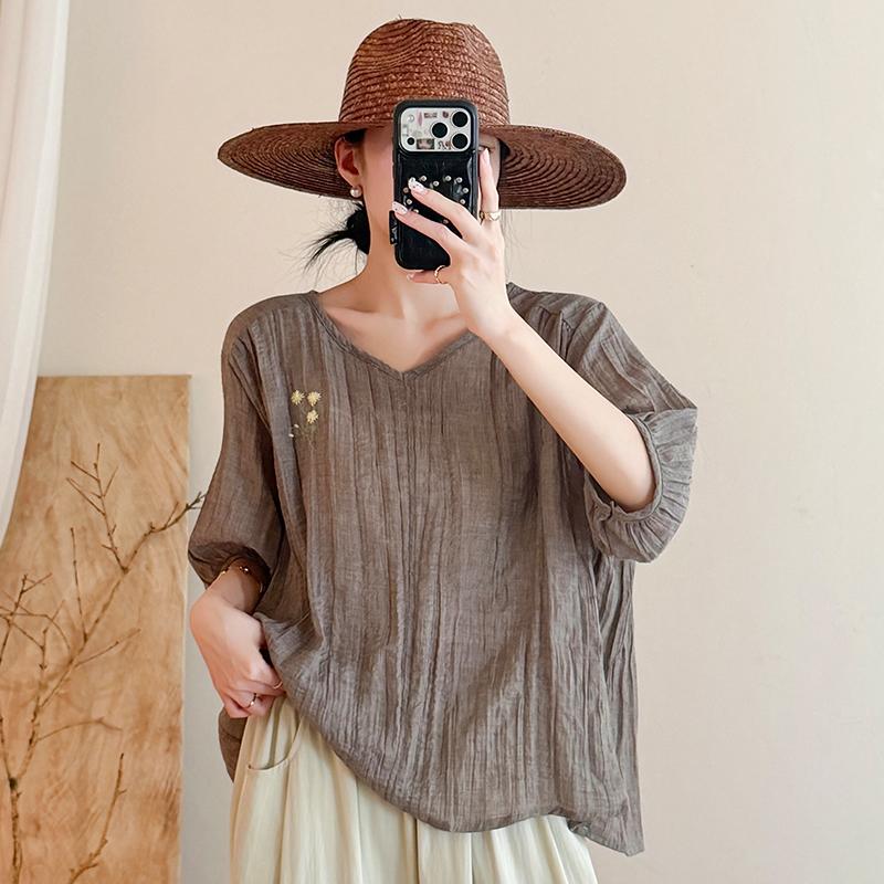 DIMANAF 2026 Summer New Plus Size Women Blouse Shirt Vintage Embroidery Loose Cotton Linen Casual Lady Tops