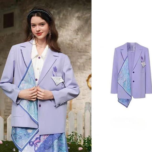 Purple Autumn Blazer Vintage Loose Fit Casual Suit Jacket with Pockets Floral Elegance