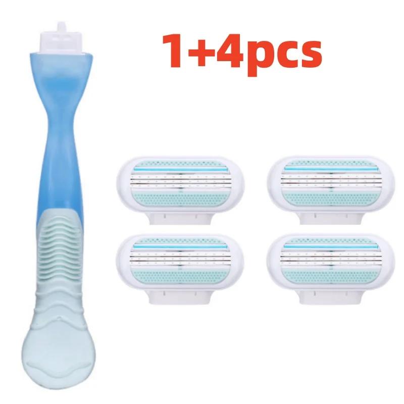 

4Pcs Women s 3-layer Safety Razor Blade for Facial/Leg/Armpit/Bikini Line Beauty Hair Removal Shaver + 1Pc Holder