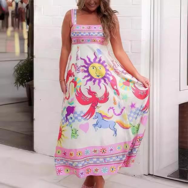 

2024 Summer Women s Spaghetti Strap Print Sleeveless Maxi Dress L
