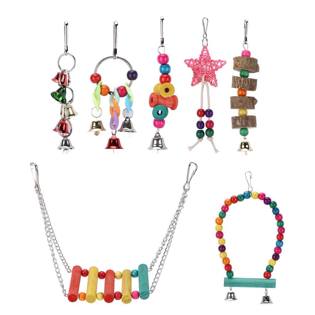 7 Stück Vogelspielzeug Set Vogekäfig Schaukel Kauspielzeug Glockenring Spielzeug Set Papagei Hängespielzeug Set