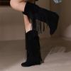 FOREADA Women Knee High Cowboy Boots Round Toe Height Incresing Mid Heels Tassel Western Long Boots Ladies Fashion Shoes Winter 46