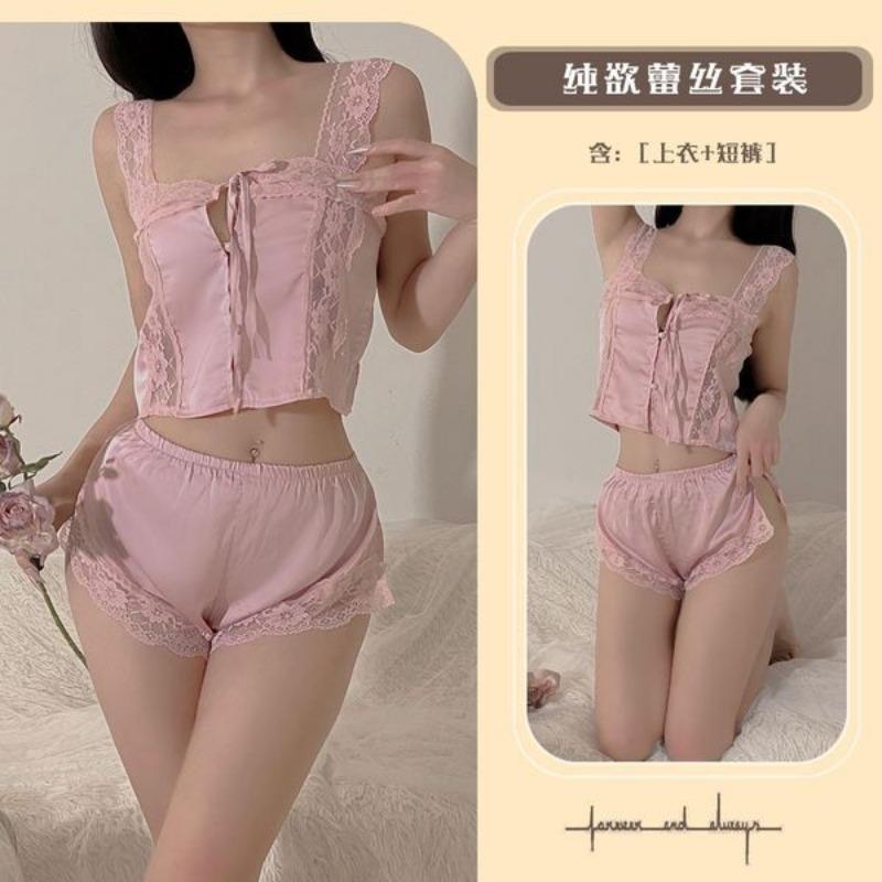 Sex Underwear Pure Desire Style Sexy Square Neck Lace-up Ice Silk Summer Thin Sexy Split Suspender Women