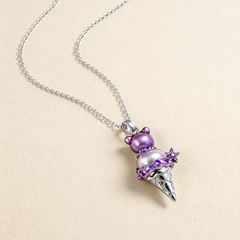 

Pearl Ice Cream Bear Head Cupcake Bow Necklace Cute Pendant Necklace