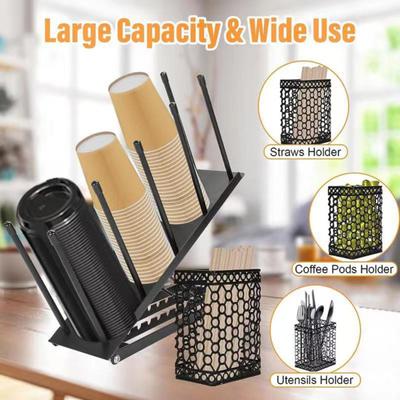 Organizador de Tapa y Soporte para Taza de Café con Soporte para Pajitas 4 Compartimentos Dispensador de Tazas de Café Ajustable Café