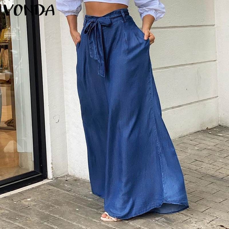 

European and American Women s Pants Lace-up High Waist Wide Leg Pants Women Casual Plus size Denim Trousers Large Denim Pants Dark Blue 3XL
