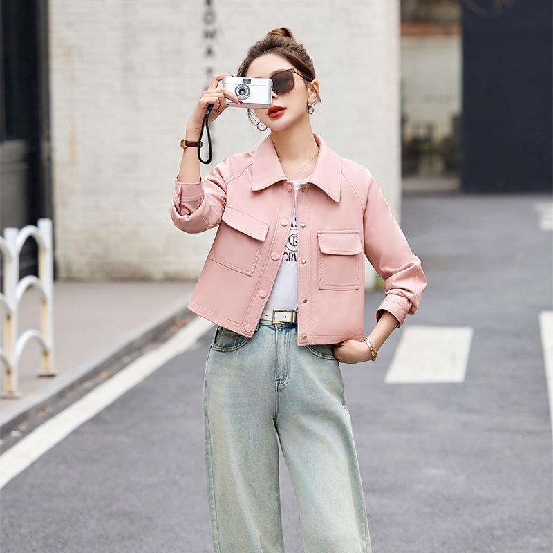 

Дизайнерская текстурированная кожаная куртка женская куртка весна и осень новая однобортная с лацканами топ куртка-локомотив короткая кожаная куртка XXL розовый