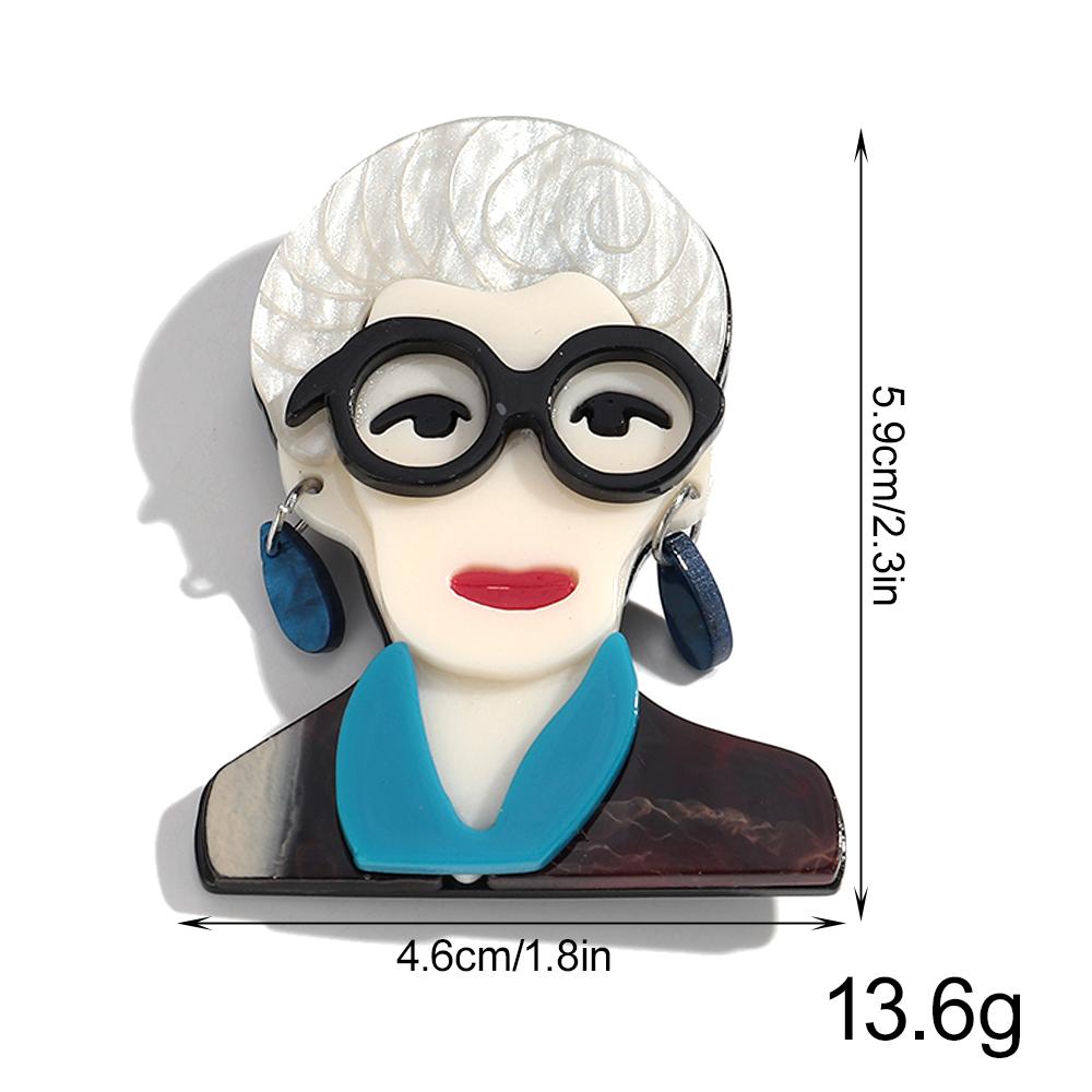 New Acrylic Glasses Lady Brooches for Women Resin Vintage Elegant Granny Figure Badge Lapel Pins Clothing Bag Accessories Gift