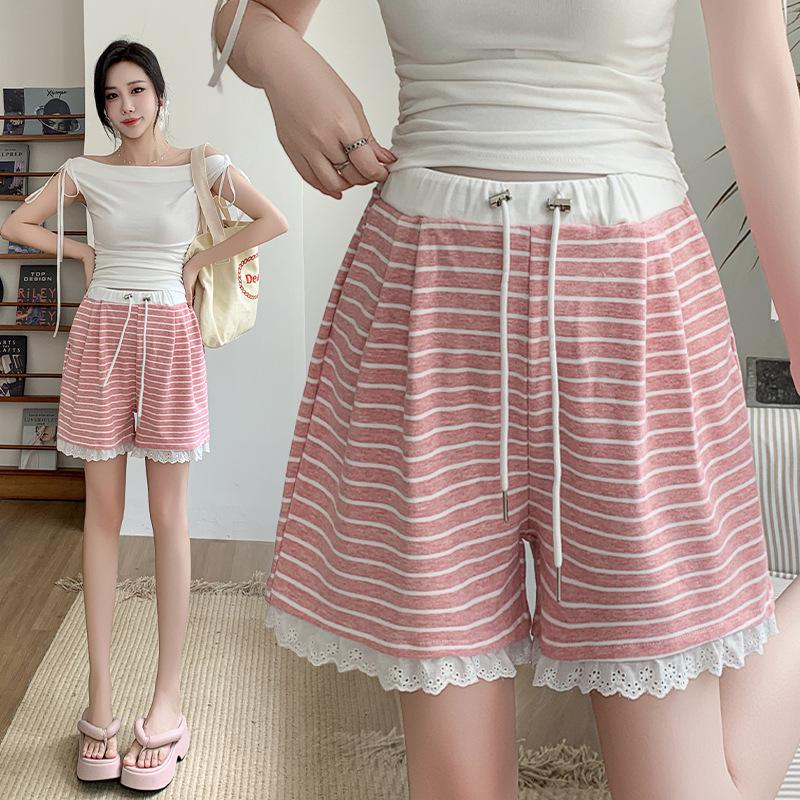 2026 New Style Striped Maternity Shorts with Lace Trim for Petite Women – Casual Wide-Leg Summer Pants Without Belly Support