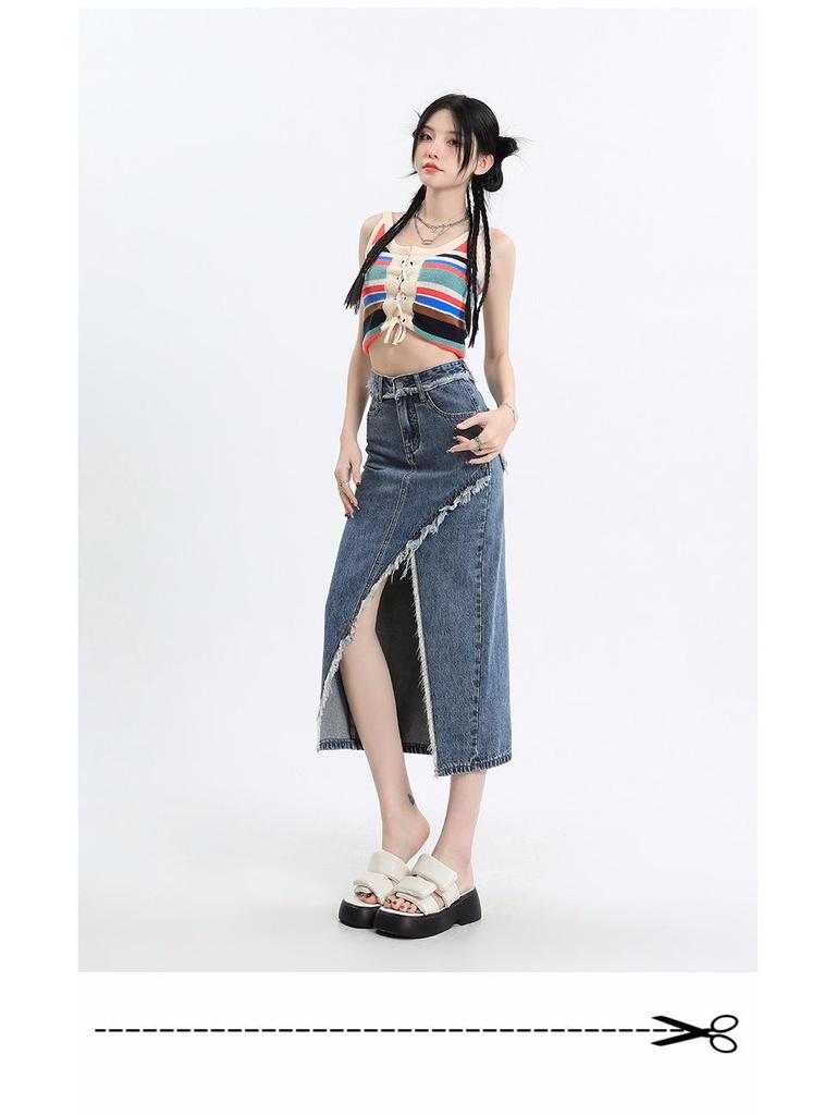 2024 Spring/Summer Women's High-Waist A-Line Denim Midi Skirt with Front Slit and Retro Raw Edge
