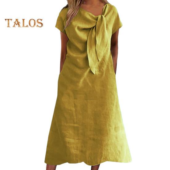 Sukienka midi dla kobiet z ozdobnym kołnierzykiem i ramiączkami, z krótkim rękawem, jednokolorowa, luźna, letnia, swobodna sukienka