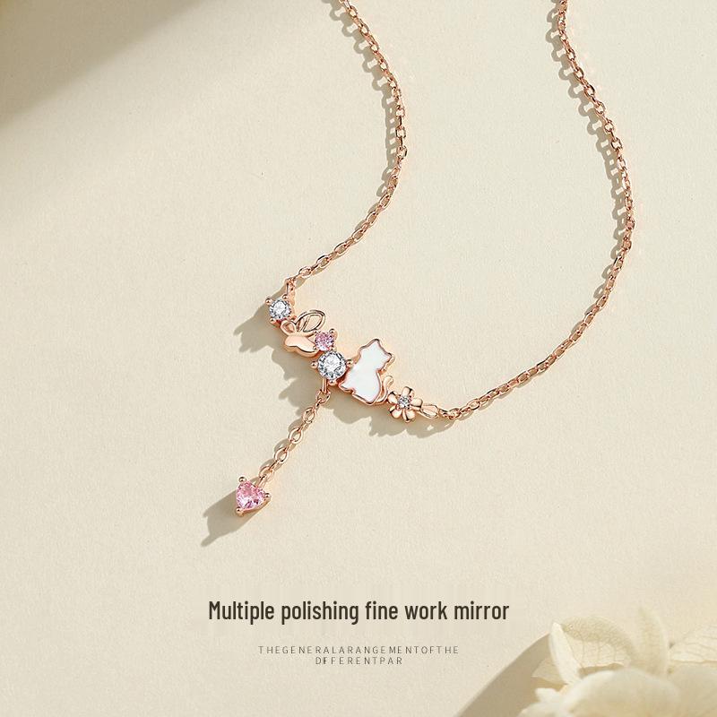 S925 Silver Necklace: Floral, Butterfly & Kitten Charm Pendant with Tassel Design