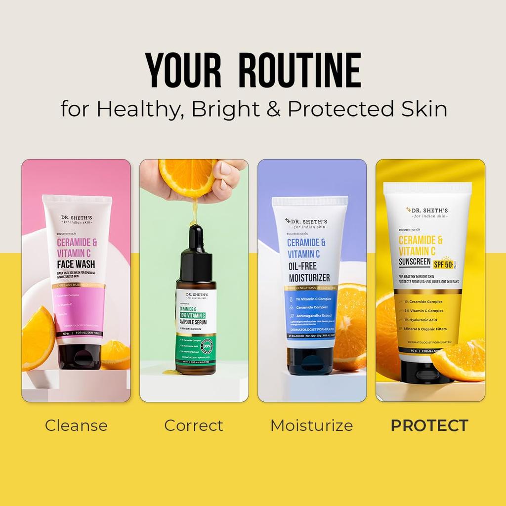 Dr. Sheth's Ceramide & Vitamin C Sunscreen SPF 50+ PA++++ Lightweight Non Greasy No White Cast For All Skin Types 80 g