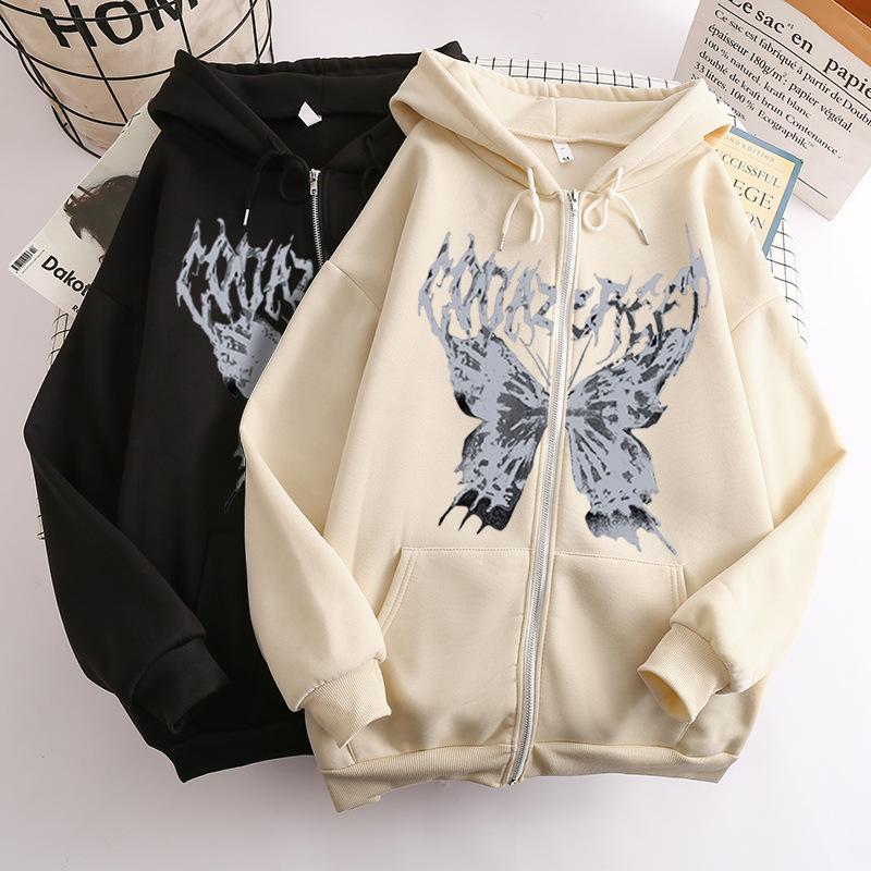 Women's Hooded Zip Up Loose Fit Long Sleeve Printed Butterfly Casual Cardigan Sweatshirt Jacket