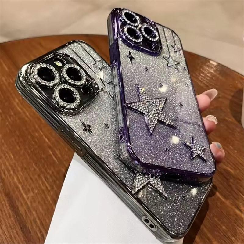 Luxus Glitzer 3D Stern Hülle für iPhone 16 Pro Max 12 13 14 15 ProMax Farbverlauf Bling Beschichtung Weiche Silikonhülle für iPhone 11 13Pro