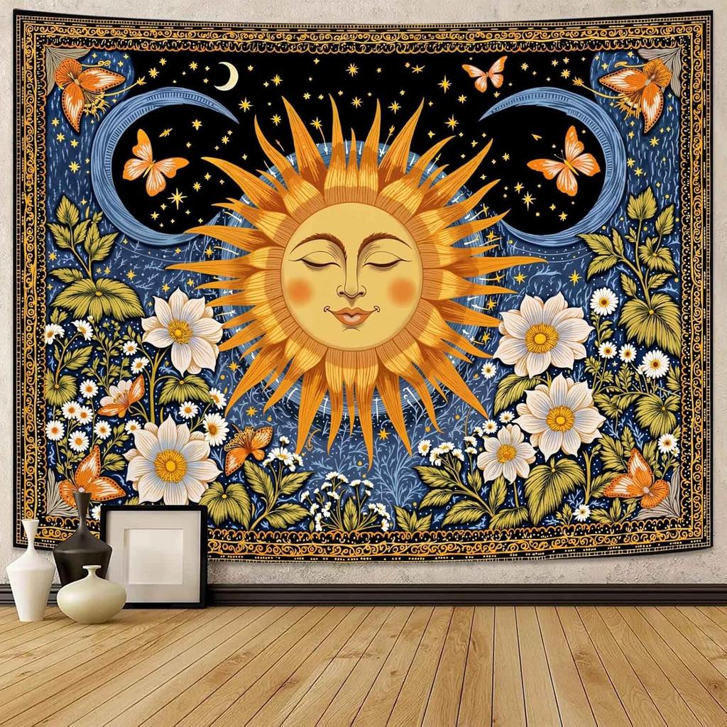 Sun and Moon Tapestries Celestial Style Tapestries Mystical Floral Butterfly Wall Tapestry Bedroom Dormitory Living Decoration