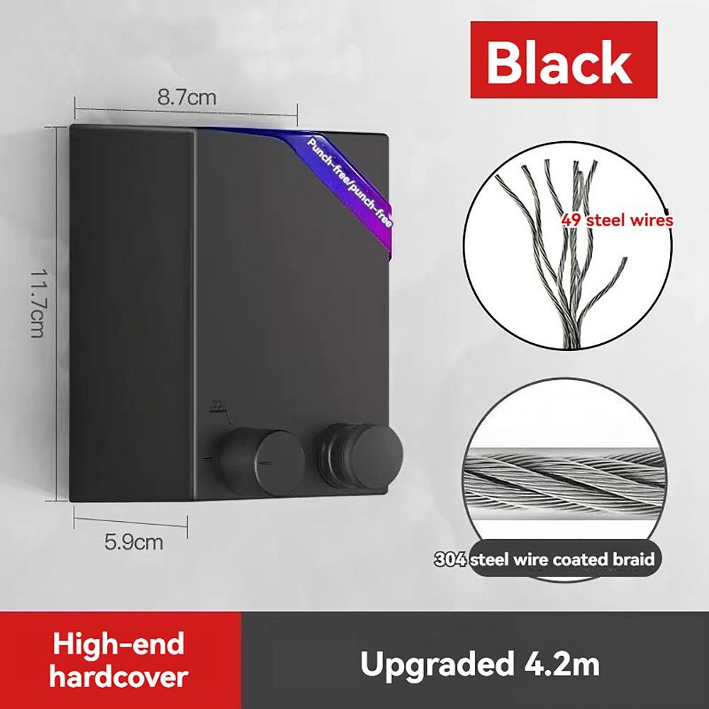 

4.2m Retractable Clothesline Home Wall Mounted Steel Wire Rope Cloth Line Hanger Hotel Necessities Expandable Laundry Hanger чорний