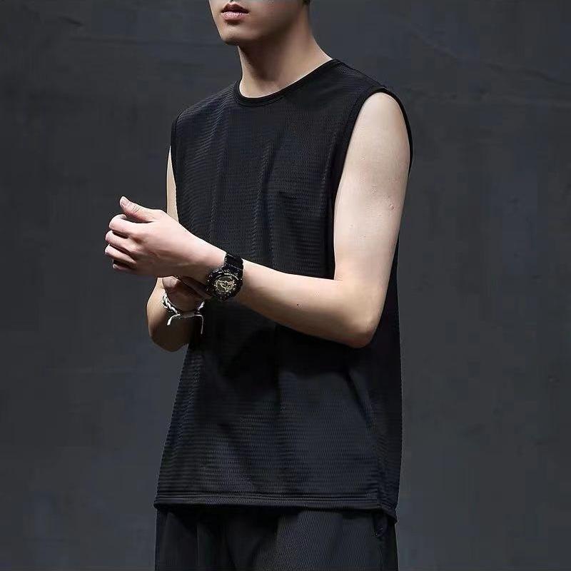 Men s White Mesh Quick Dry Crew Neck Sleeveless Tank Top L чёрный